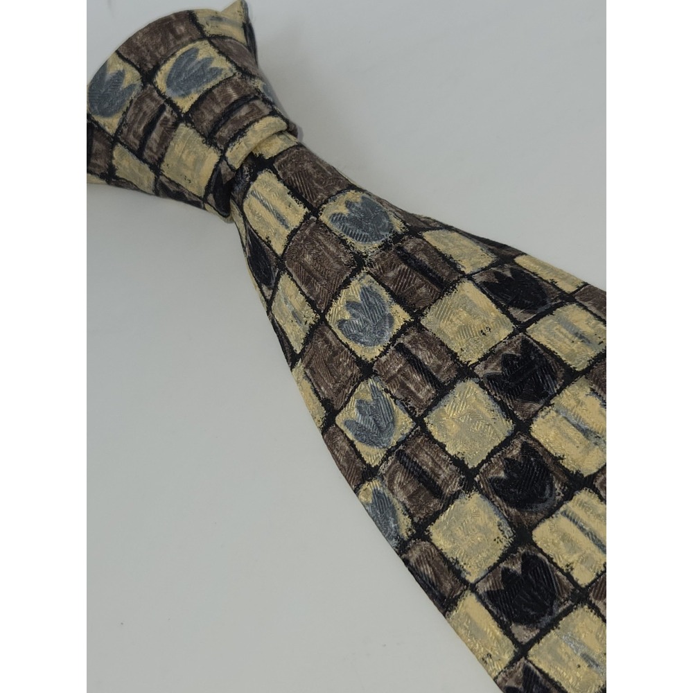 ERMENEGILDO ZEGNA Disegno Tie Brown Yellow Green Flowers 59L 4W Made in Italy